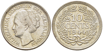 Нидерланды 10 центов 1944 Вильгельмина (1890-1948) KM 163 серебро aUNC 46-912