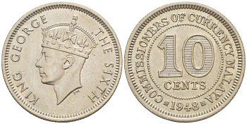Британская Малайя 10 центов 1948 Георг VI (1937-1952) KM 8 медно-никель 4516-717