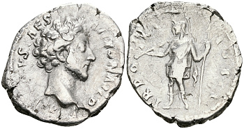 Римская Империя денарий 155 - 146 Марк Аврелий в ранге цезаря TR POT X COS II Виртута, персонификация Доблести Рим Good Very fine RIC 468 серебро 1073-4-57