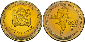 Танзания 2000 шиллингов 1996 XXVI Олимпийские игры 1996 года в Атланте, 100 лет Олимпийскому движению, бег, пробник, рубчатый гурт латунь PROOF 06-135-24