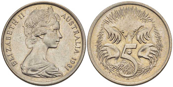 Австралия 5 центов 1981 Елизавета II (1952-2022), ехидна KM 64 медно-никель 100-1234