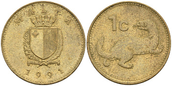 Мальта 1 цент 1991 ласка, горностай KM 93 никель латунь 4585-1168