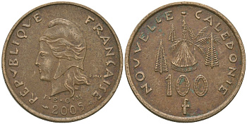 Французская Новая Каледония 100 франков 2005 хижина среди сосен и пальм, (IEOM) KM 15, Schoen 16, Lec 139i никель бронза 111-435