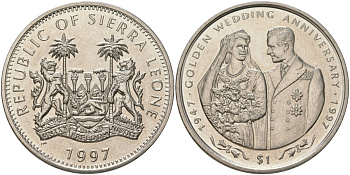 Сьерра-Леоне 1 доллар 1997 Золотая годовщина свадьбы – день свадьбы королевской пары KM 59 медно-никель BU 4368-931