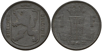Бельгия 1 франк 1942 Belgique - Belgie, Леопольд III (1934-1947), германская оккупация, Вторая мировая война KM 127 цинк 4161-437