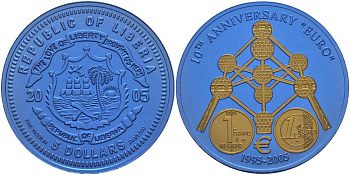 Либерия 5 долларов 2005 10 лет евро, страны еврозоны, Бельгия, с сертификатом, би-колор (два цвета), вес 7,78 гр., диаметр 35 мм.  ниобий  UNC  1084-9-21