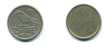 Норвегия 25 эре 1963 Улаф V (1958-1991), синица KM 407 медно-никель 4364-945