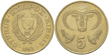 Кипр 5 центов 1983 голова быка KM 55.1 никель латунь 89-1143