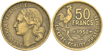 ФРАНЦИЯ 50 ФРАНКОВ 1952 В KM 918.2 алюминиевая бронза 189-322