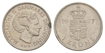 Дания 1 крона 1977 S; B, Маргарете II (1972-2025) KM 862.1 медно-никель 4529-927