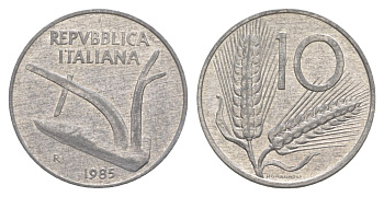 Италия 10 лир 1985 R, колосья, плуг KM 93 алюминий 4633-752