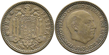 ИСПАНИЯ 1 ПЕСЕТА 1963 (66) ФРАНСИСКО ФРАНКО ДИКТАТОР ИСПАНИИ (1939-1975) KM 775 алюминиевая бронза 110-1136