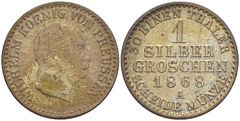 Пруссия 1 серебряный грош 1868 А, Вильгельм I (1861-1888) KM 485, Olding 415, AKS 103, J.89 серебро 206-255