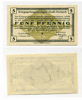 ГЕРМАНИЯ 5 ПФЕННИГОВ ND GROSS-PORITSCH, ЛАГЕРЬ ВОЕННОПЛЕННЫХ C-3045 бумага UNC (пресс) 504-22-2-1