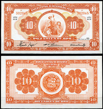 Перу 10 солей 1956 сидящая свобода, Giesecke & Devrient, серия M14 Pick 77  бумага  UNC (пресс) 451-807-1