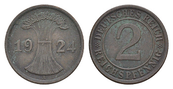 Германия 2 рейхспфеннига 1924 A KM 38, J.314, Weege 4 медь 4639-1224
