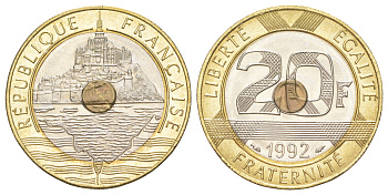 Франция 20 франков 1992 KM 1008 триметалл UNC 4629-651
