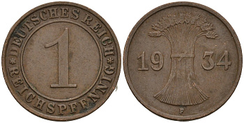 Германия 1 рейхспфенниг 1934 F KM 37, J. 313 бронза 4124-635