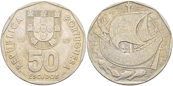 ПОРТУГАЛИЯ 50 ЭСКУДО 1987 ПАРУСНИК KM 636 медно-никель 4517-336