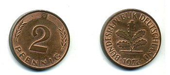 ФРГ 2 ПФЕННИГА 1978 G KM 106a, J.381a сталь плакированная сталь плакированная медьюю 46-162
