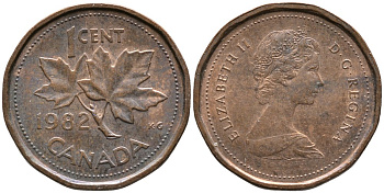 Канада 1 цент 1982 Елизавета II (1952-2022), кленовый лист KM 132 бронза 4528-751