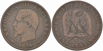ФРАНЦИЯ 5 САНТИМОВ 1854 W, НАПОЛЕОН III (1852-1870) KM 777.7, LE FRANC 116.15 бронза 108-312