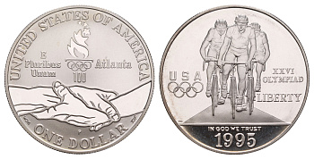 США 1 доллар 1995 P, XXVI летние Олимпийские Игры, Атланта 1996 - Велоспорт KM 263 серебро PROOF 11-263-31