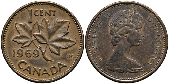 Канада 1 цент 1969 Елизавета II (1952-2022), кленовый лист KM 59.1 бронза 4549-362
