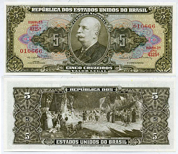 БРАЗИЛИЯ 5 КРУЗЕЙРО 1964 СЕРИЯ 4325А, БАРАО ДО РИО БРАНКО, ESTAMPA 2А Pick 176d бумага UNC (ПРЕСС) 7485-16-1