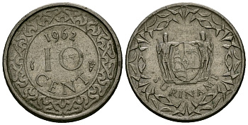 Суринам 10 центов 1962 KM 13 медно-никель 4136-741
