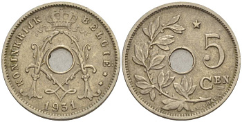 БЕЛЬГИЯ 5 САНТИМОВ 1931 BELGIE, ЗВЕЗДА НАД "5" KM 94 никель латунь 4546-124