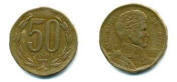 Чили 50 песо 1999 Бернардо О’Хиггинс KM 219.2 алюминиевая бронза 36-851