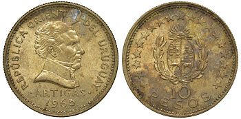 Уругвай 10 песо 1965 KM 48 алюминиевая бронза 88-415