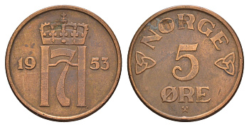 Норвегия 5 эре 1953 Хокон VII (1905-1957) KM 400 бронза 4657-217