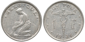 Бельгия 1 франк 1934 Belgique KM 89 никель 51-2147
