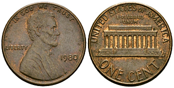 США 1 цент 1980 Авраам Линкольн KM 201 медь цинк 4136-163