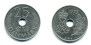 Дания 25 эре 1975 S; B, Маргрете II (1972- ) KM 861.1 медно-никель 59-1233
