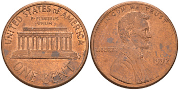 США 1 ЦЕНТ 1992 ЛИНКОЛЬН KM 201b цинк плакированный медью 188-243