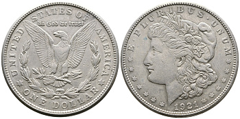 США 1 доллар 1921 S, Морган доллар KM 110 серебро 443-123