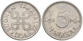 Финляндия 5 марок 1956 KM 37a железо плакированная никелем 4169-254