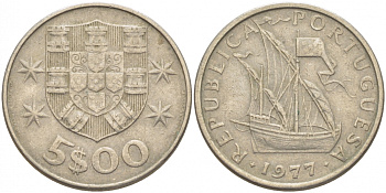 ПОРТУГАЛИЯ 5 ЭСКУДО 1977 ПАРУСНИК KM 591 медно-никель 87-932