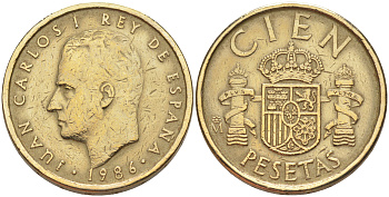 Испания 100 песет 1986 Хуан Карлос I (1975-2014) KM 826 алюминиевая бронза 106-336
