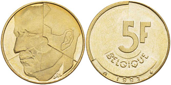 БЕЛЬГИЯ 5 ФРАНКОВ 1993 BELGIQUE, БОДУЭН I (1951-1993) KM 163 латунь или алюминиевая бронза 4379-1056