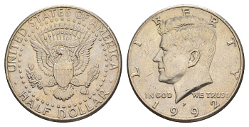 США 1/2 доллара (50 центов) 1992 P, Джон Кеннеди KM A202b медь плакированная медно-никелем aUNC 4517-711