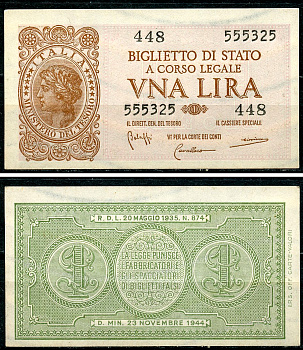 Италия 1 лира 1944 подписи Bolaffi, Cavallaro, Giovinco Pick 29 b, Grapanzano BS 8  бумага  aUNC 8614-10-3-1