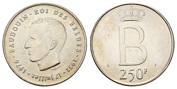 Бельгия 250 франков 1976 25 лет правления Бодуэна I, der Belges KM 157 серебро 1519-1312