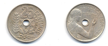 ИСПАНИЯ 25 СЕНТИМО 1934 РЕСПУБЛИКА, КОЛОС 04-623