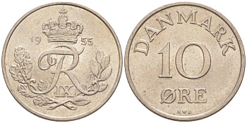 Дания 10 эре 1955 N; S, Фредерик IX (1947-1972) KM 841.1 медно-никель 187-512