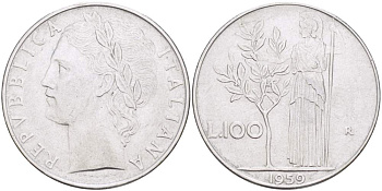 ИТАЛИЯ 100 ЛИР 1959 R, АФИНА KM 96.1 нержавеющая сталь 4526-125