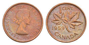 Канада 1 цент 1959 Елизавета II (1952-2022), кленовый лист KM 49 бронза 4639-315